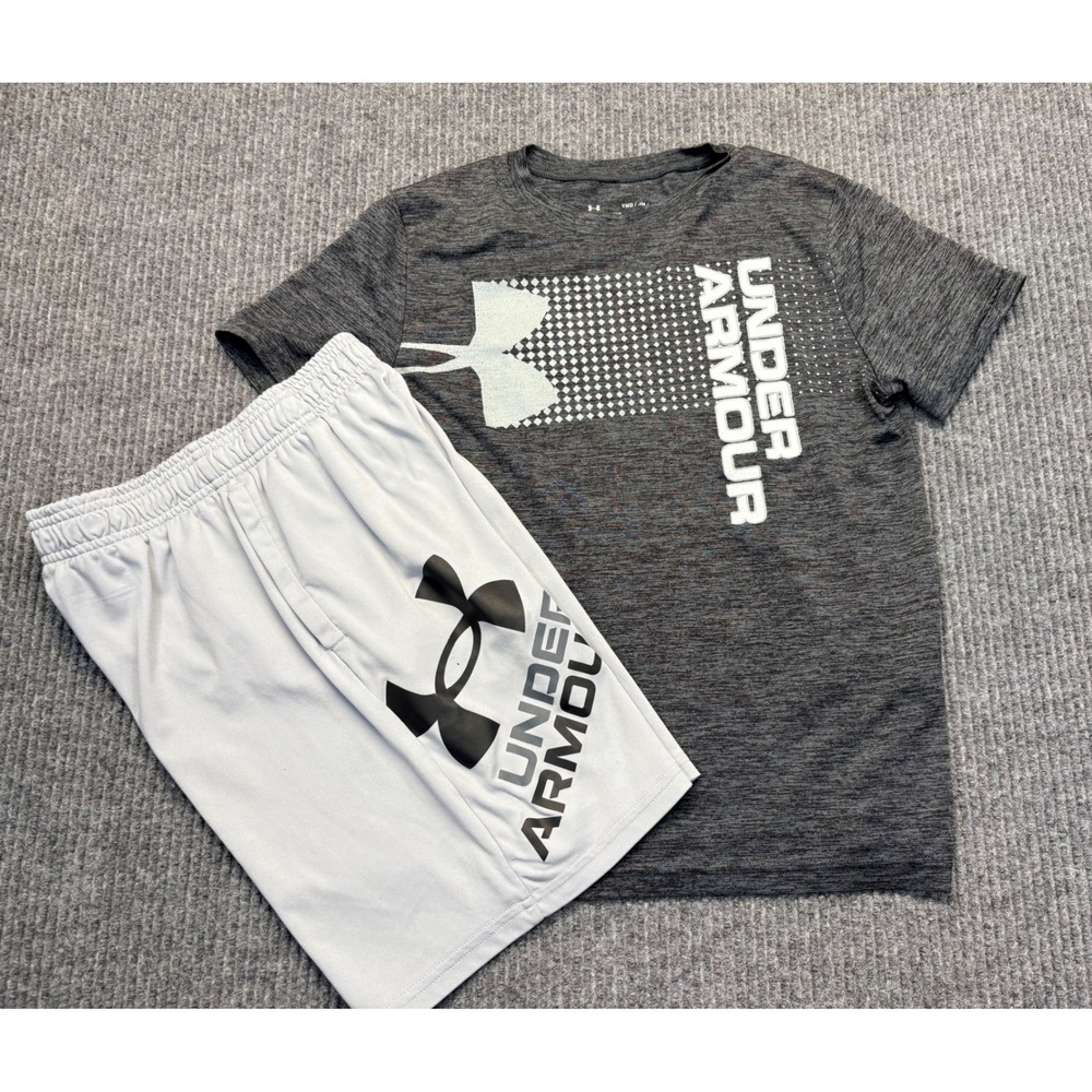 Under Armour Boys HeatGear T-Shirt and Shorts Set Grey Medium YMD 2pc Outfit